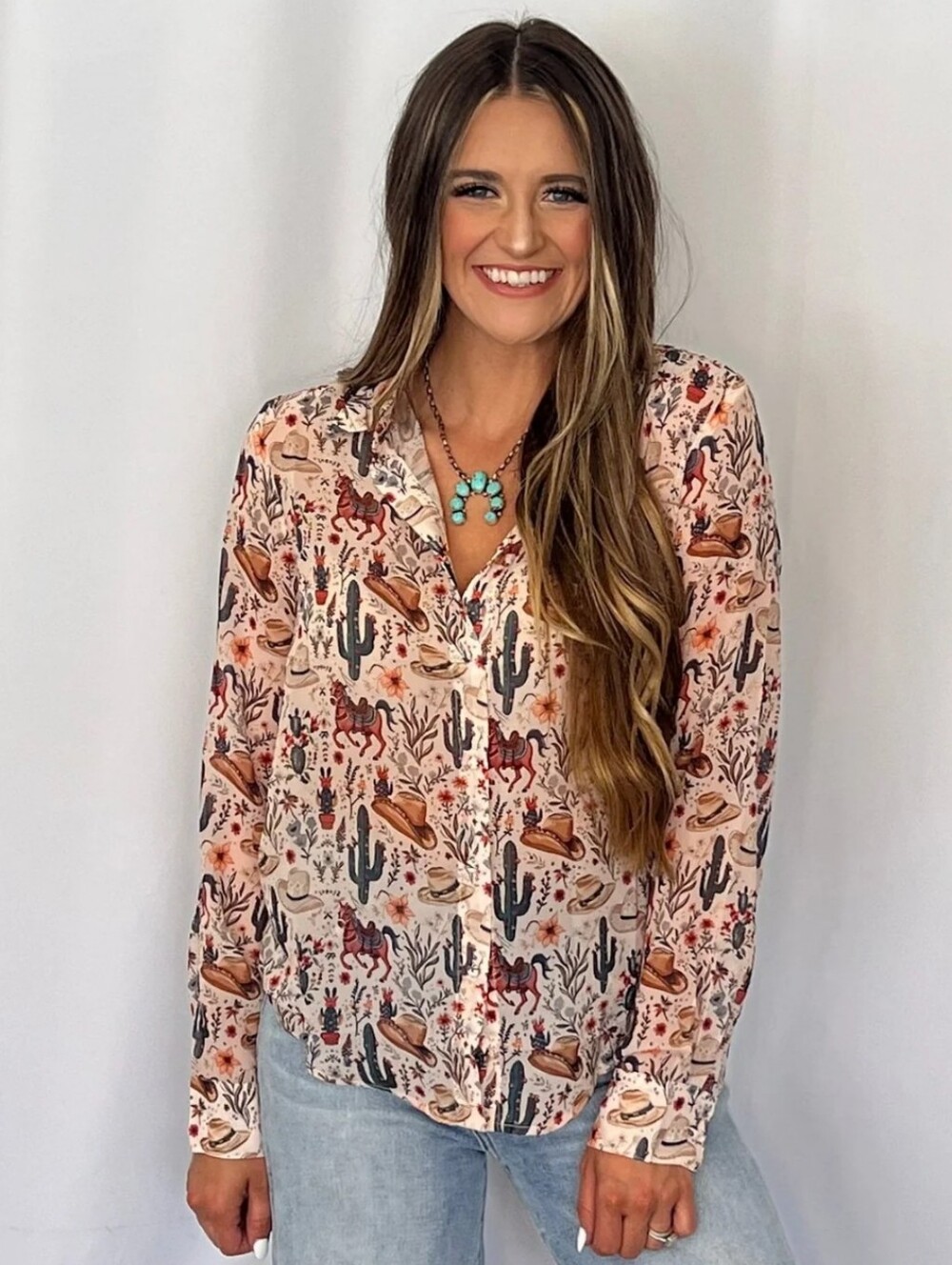 Blue B "Painted Desert" Western Chiffon Button-Up Blouse Medium Semi Sheer